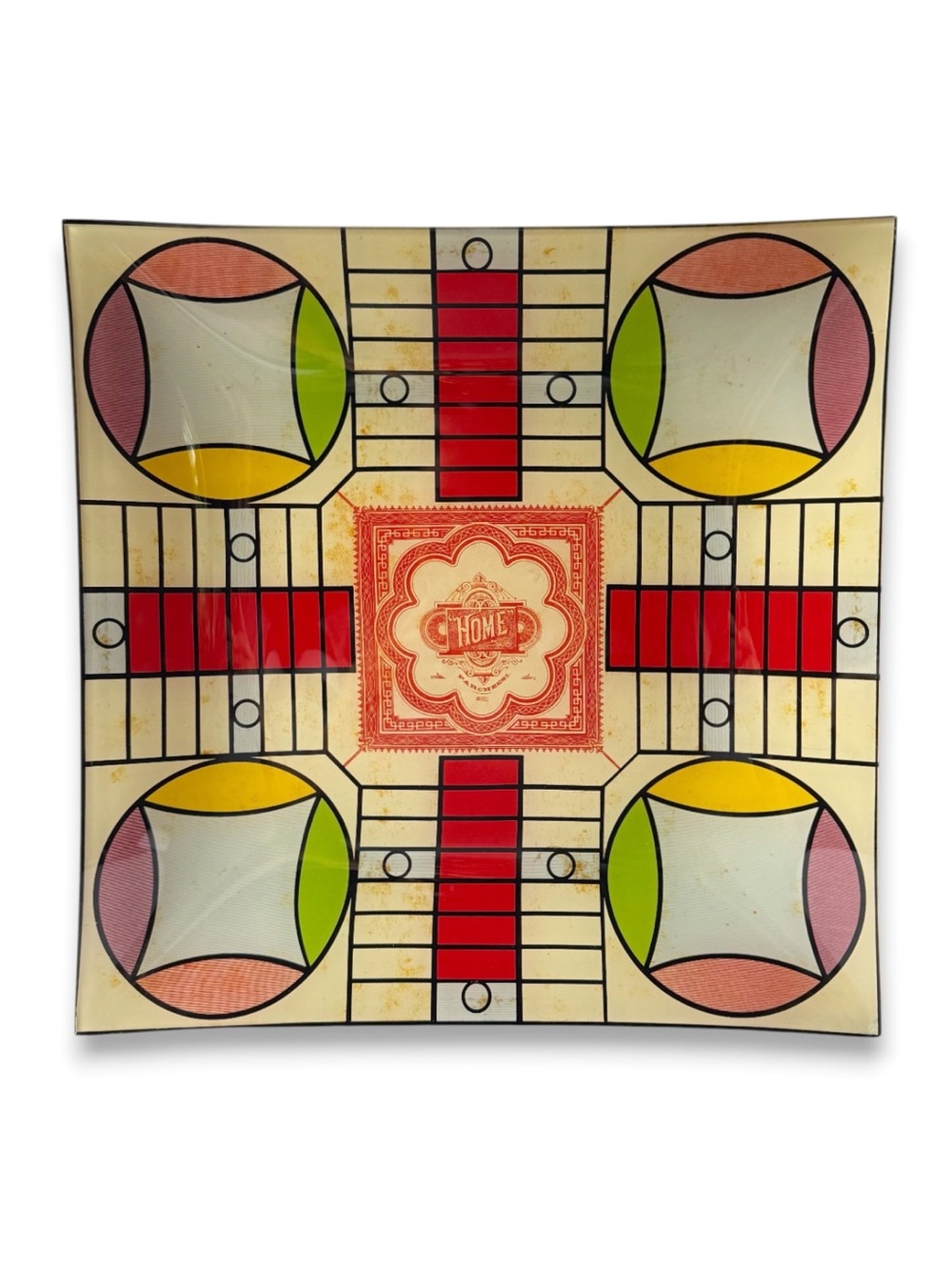 Vintage Parcheesi Game Board Decoupage Glass Large Decorative Tray Two’s Company
